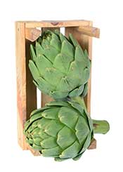 Artichoke Heads: One of the Most Delicious Tasting Vegetables. Artichoke Heads in a Wooden Container.