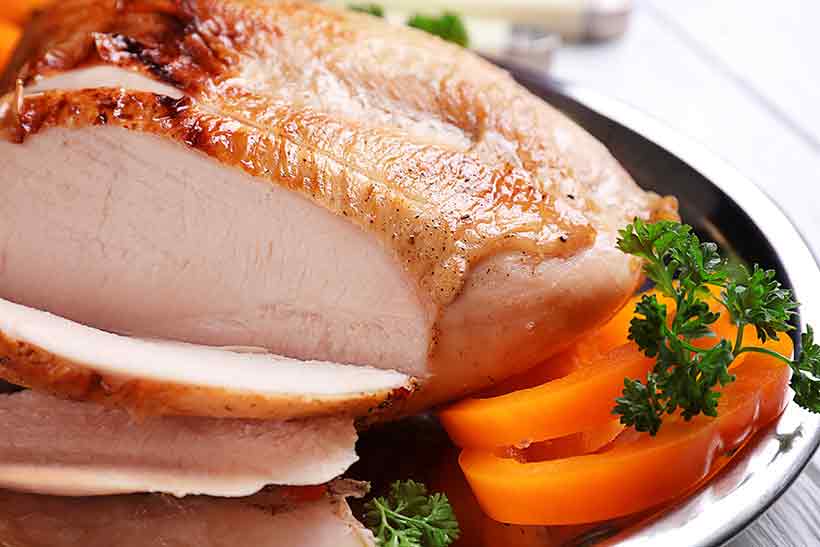 a slice of meat,a bucket of milk delicious slices of roast turkey.