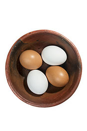 Four Different Eggs in a Brown Wooden Bowl.