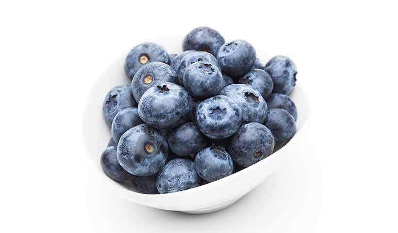 A Small White Bowl of Blueberries.