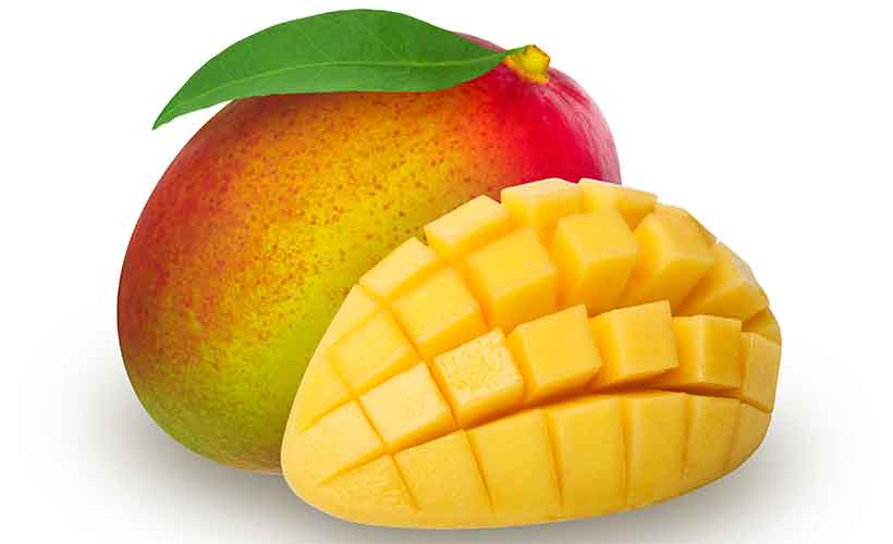 A Whole Mango and Half a Mango Showing Flesh.