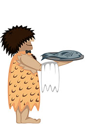 A Cartoon Caveman With a Fish Dinner On a Plate.